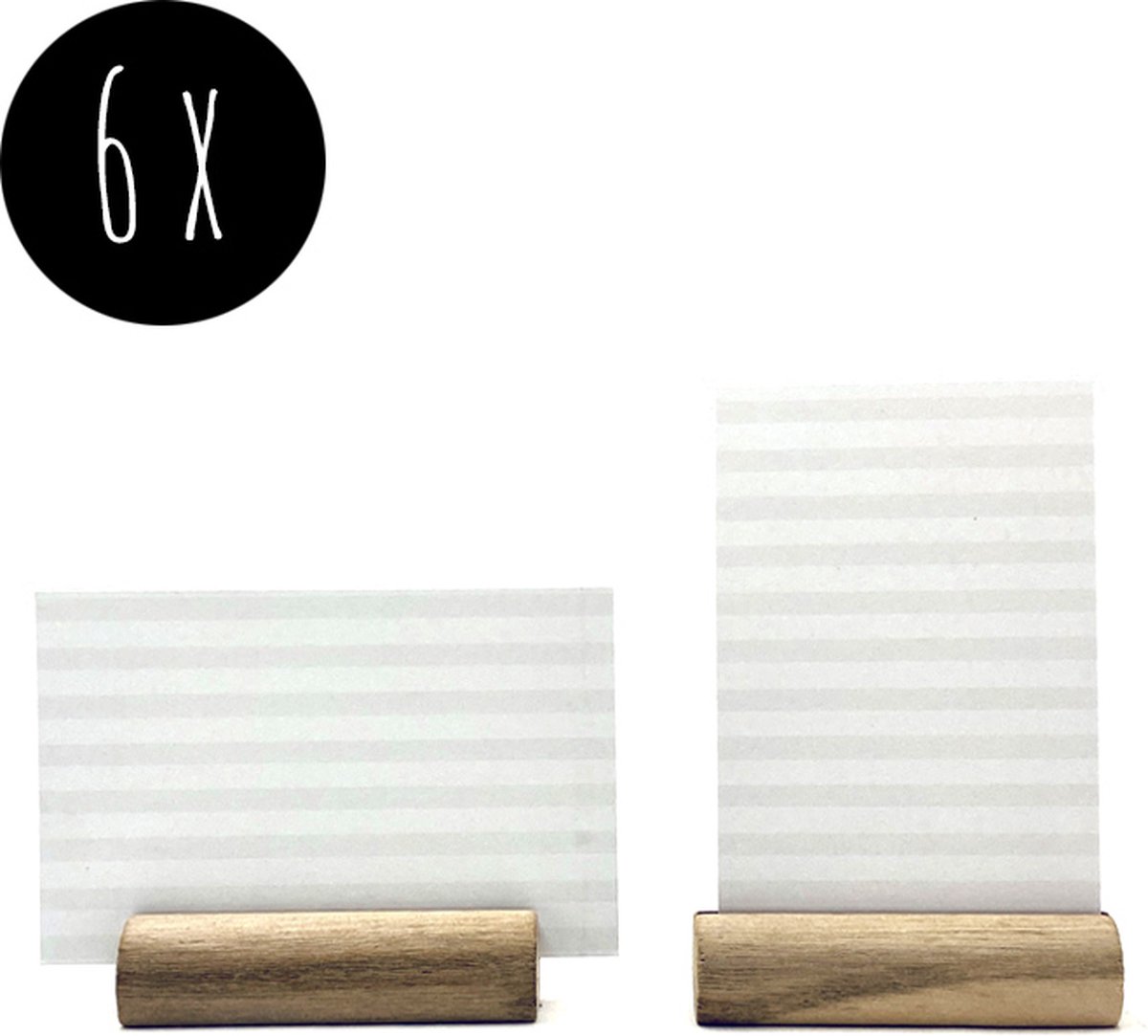 6x kaarthouder | 6 cm | naturel hout  + 12 blanco kaartjes | grijs & wit